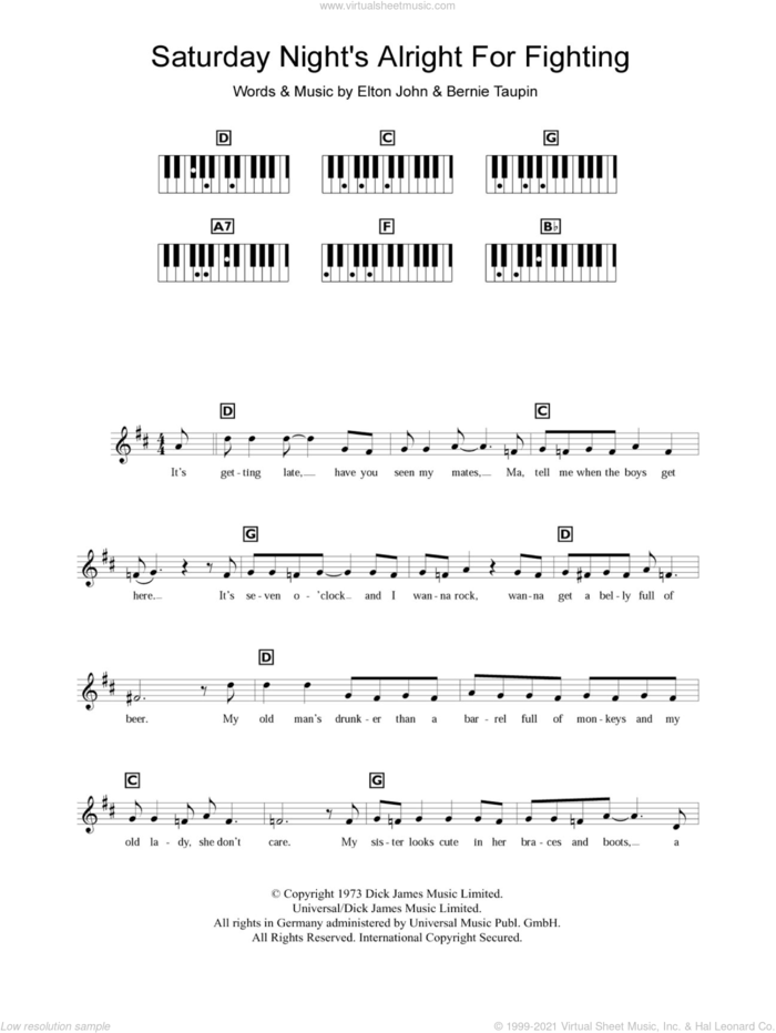 Saturday Night's Alright (For Fighting) sheet music for piano solo (chords, lyrics, melody) by Elton John and Bernie Taupin, intermediate piano (chords, lyrics, melody)