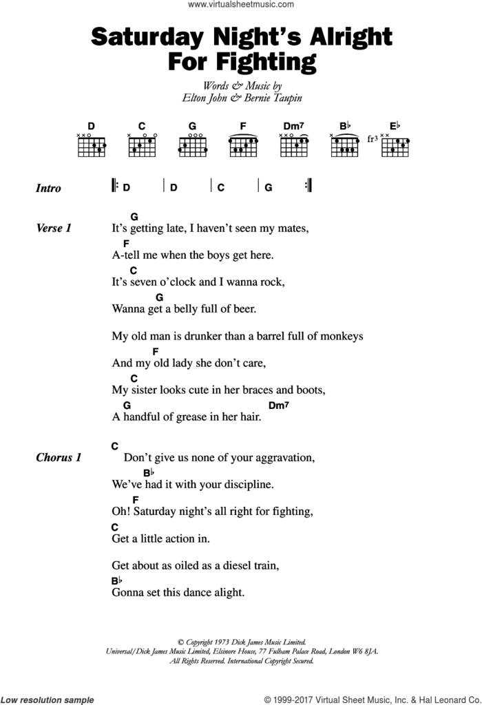 Saturday Night's Alright (For Fighting) sheet music for guitar (chords) by Elton John and Bernie Taupin, intermediate skill level