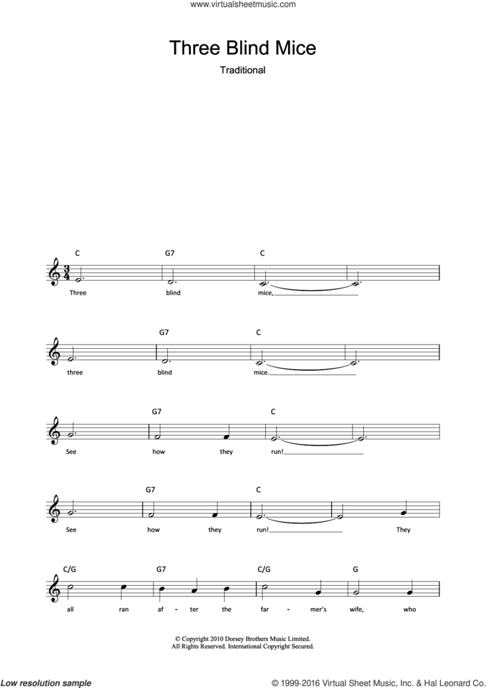Three Blind Mice sheet music for voice and other instruments (fake book), intermediate skill level