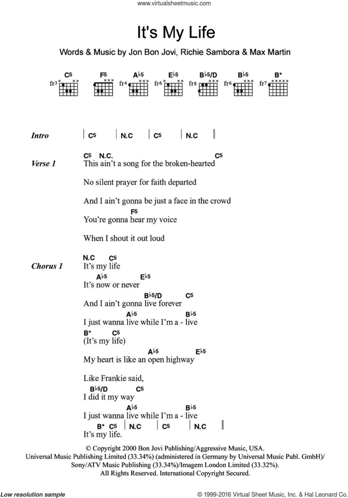 It's My Life sheet music for guitar (chords) by Bon Jovi, Max Martin and Richie Sambora, intermediate skill level