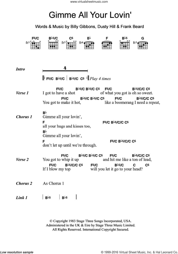 Gimme All Your Lovin' sheet music for guitar (chords) by ZZ Top, Z Z Top, Billy Gibbons, Dusty Hill and Frank Beard, intermediate skill level