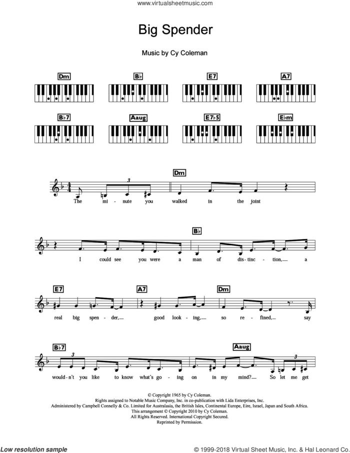 Big Spender (from Sweet Charity) sheet music for piano solo (chords, lyrics, melody) by Shirley Bassey and Cy Coleman, intermediate piano (chords, lyrics, melody)