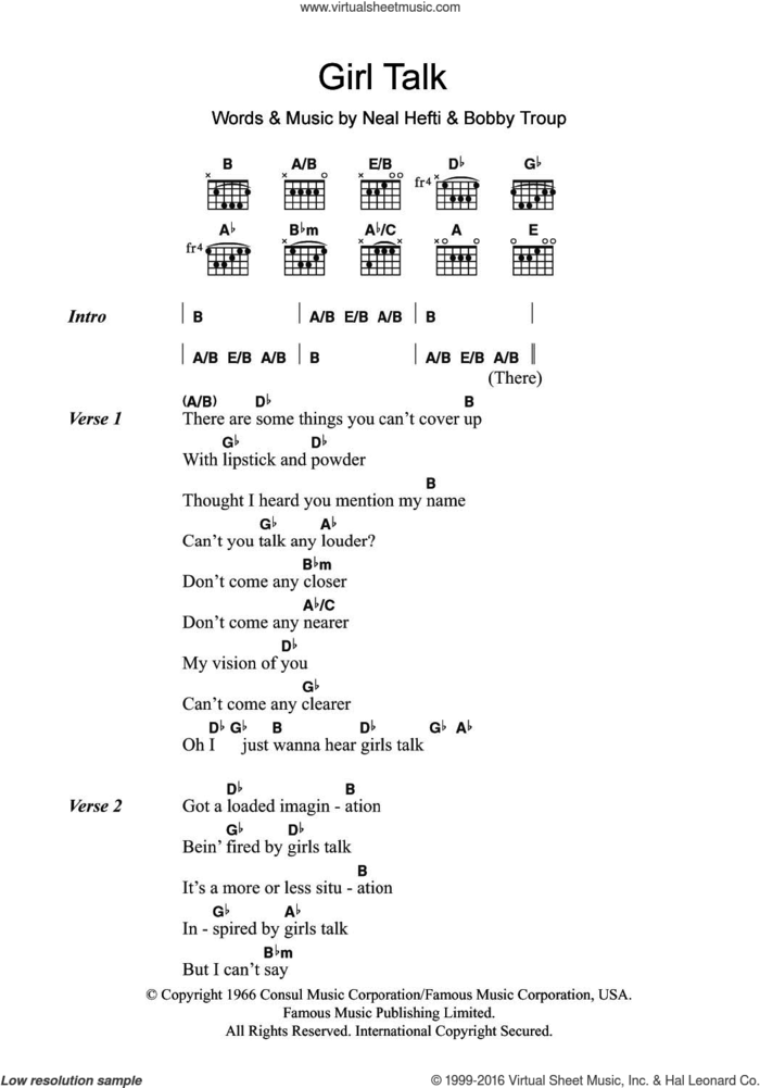 Girl Talk sheet music for guitar (chords) by Tony Bennett, Bobby Troup and Neal Hefti, intermediate skill level