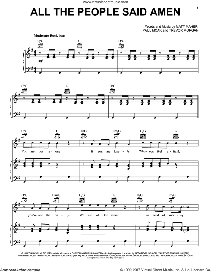 All The People Said Amen sheet music for voice, piano or guitar by Matt Maher, Paul Moak and Trevor Morgan, intermediate skill level