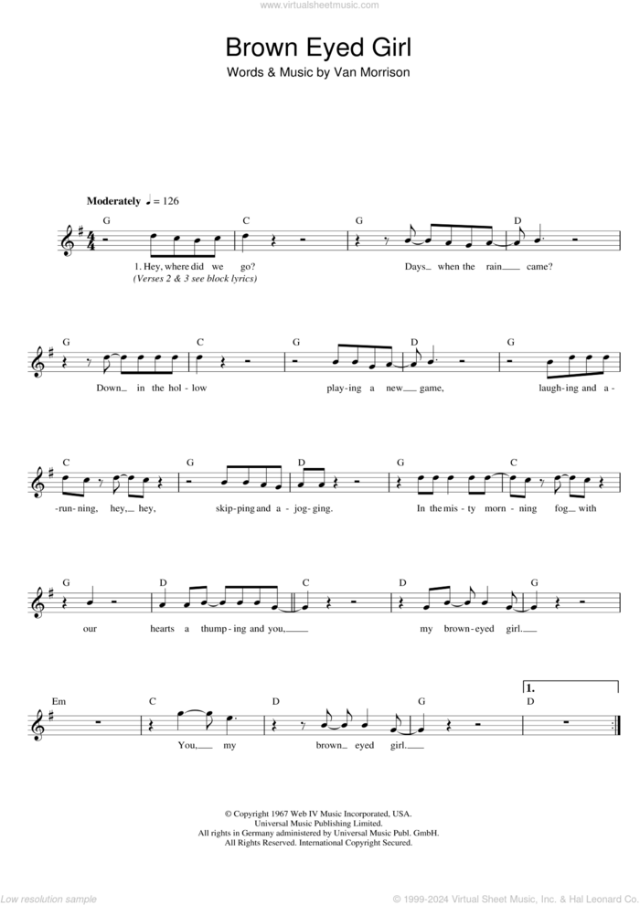 Brown Eyed Girl sheet music for voice and other instruments (fake book) by Van Morrison, intermediate skill level