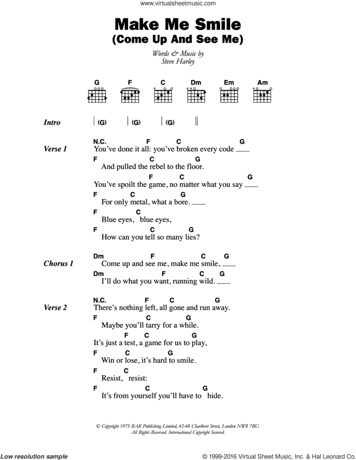 Make Me Smile (Come Up And See Me) sheet music for guitar (chords) by Steve Harley & Cockney Rebel and Steve Harley, intermediate skill level