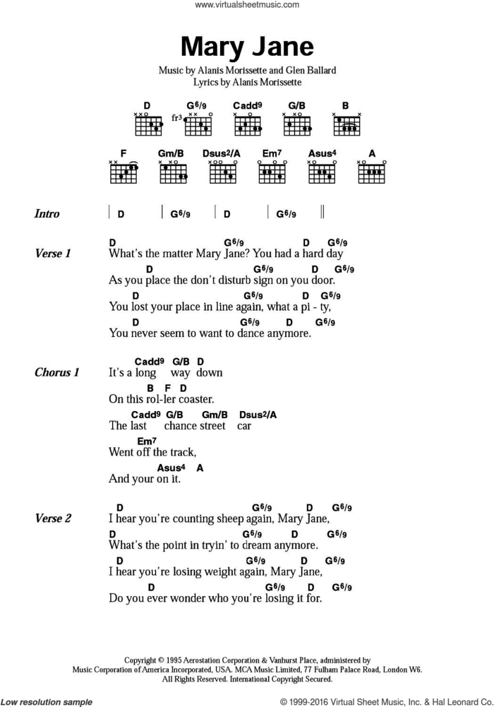 Mary Jane sheet music for guitar (chords) by Alanis Morissette and Glen Ballard, intermediate skill level