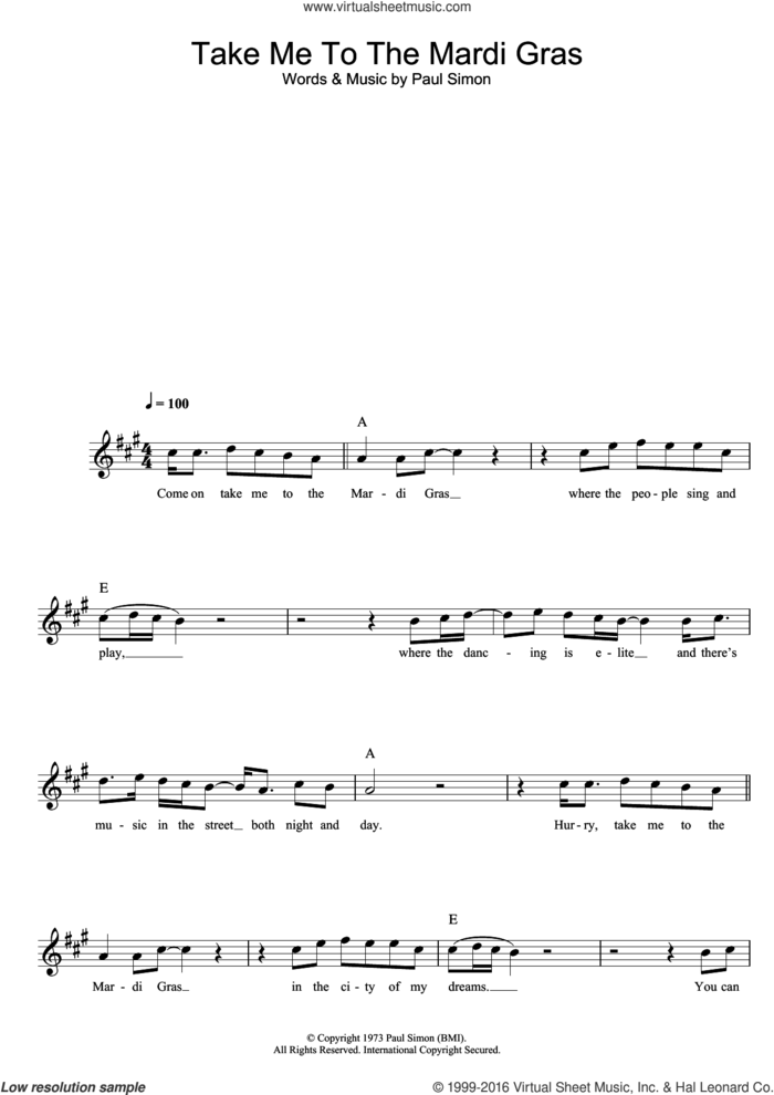 Take Me To The Mardi Gras sheet music for voice and other instruments (fake book) by Simon & Garfunkel and Paul Simon, intermediate skill level