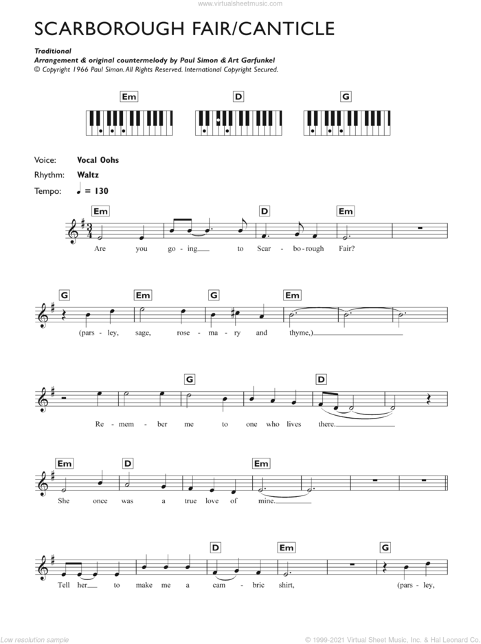 Scarborough Fair/Canticle sheet music for piano solo (keyboard) by Simon & Garfunkel and Miscellaneous, intermediate piano (keyboard)