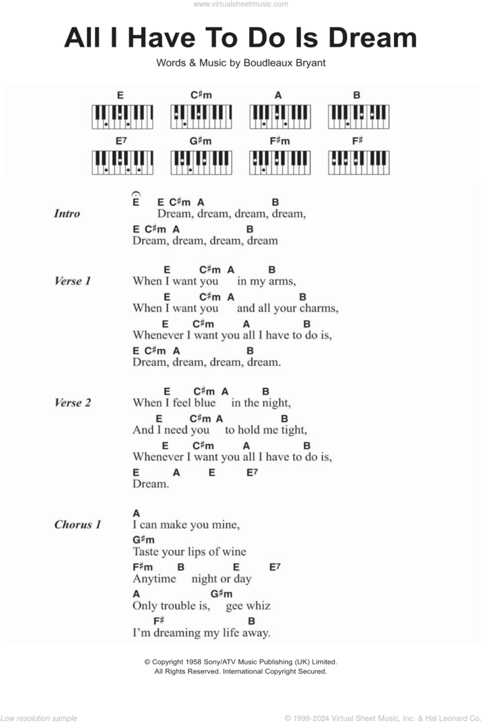 All I Have To Do Is Dream sheet music for piano solo (chords, lyrics, melody) by The Everly Brothers and Boudleaux Bryant, intermediate piano (chords, lyrics, melody)