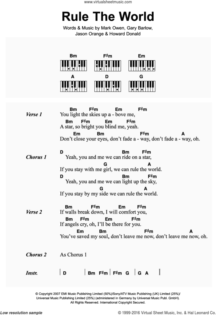 Rule The World (from Stardust) sheet music for piano solo (chords, lyrics, melody) by Take That, Gary Barlow, Howard Donald, Jason Orange and Mark Owen, intermediate piano (chords, lyrics, melody)