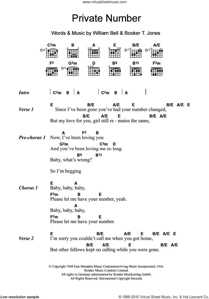 Private Number sheet music for guitar (chords) by William Bell and Booker T. Jones, intermediate skill level