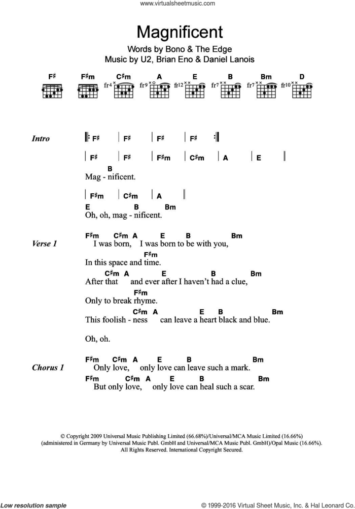 Magnificent sheet music for guitar (chords) by U2, Bono, Brian Eno, Daniel Lanois and The Edge, intermediate skill level