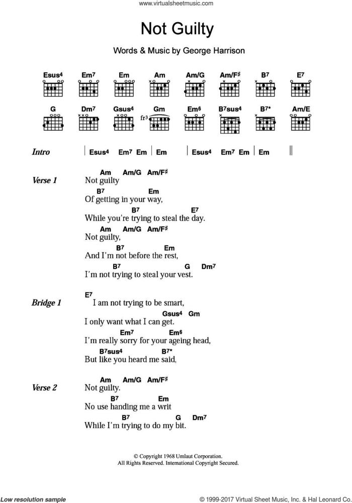 Not Guilty sheet music for guitar (chords) by The Beatles and George Harrison, intermediate skill level