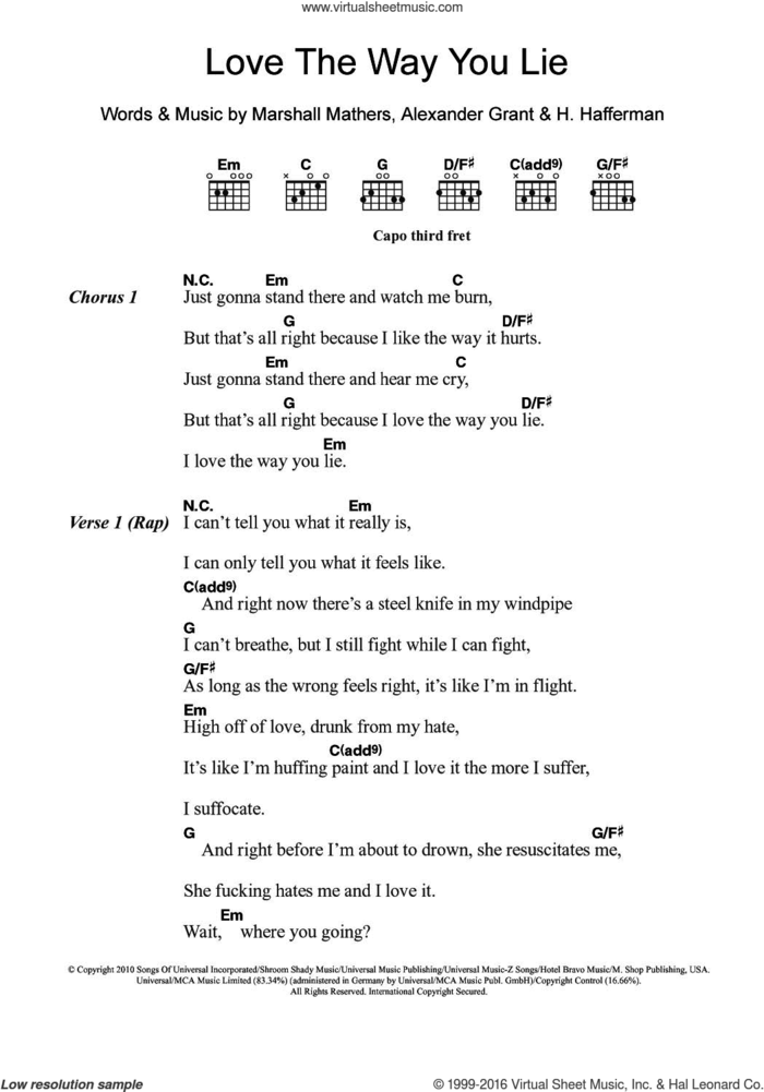 Love The Way You Lie (featuring Rihanna) sheet music for guitar (chords) by Eminem, Rihanna, Alexander Grant, H. Hafferman and Marshall Mathers, intermediate skill level