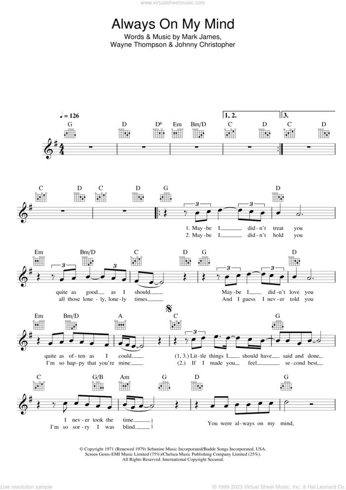 Always On My Mind sheet music for voice and other instruments (fake book) by Elvis Presley, Pet Shop Boys, Johnny Christopher, Mark James and Wayne Thompson, intermediate skill level