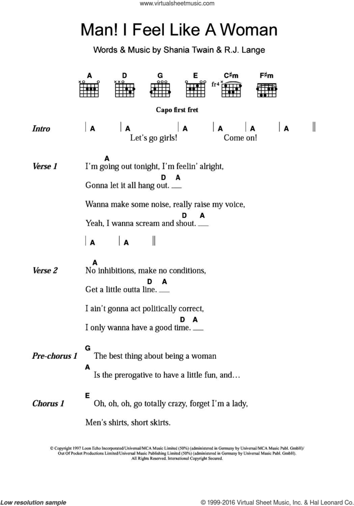 Man! I Feel Like A Woman! sheet music for guitar (chords) by Shania Twain and Robert John Lange, intermediate skill level