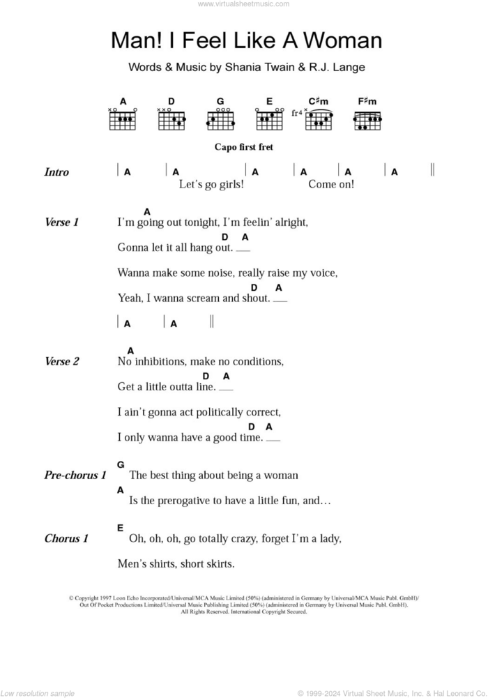 Man! I Feel Like A Woman! sheet music for guitar (chords) by Shania Twain and Robert John Lange, intermediate skill level