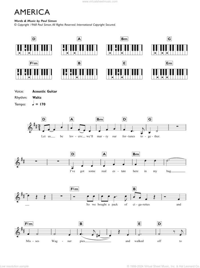 America sheet music for piano solo (chords, lyrics, melody) by Simon & Garfunkel and Paul Simon, intermediate piano (chords, lyrics, melody)