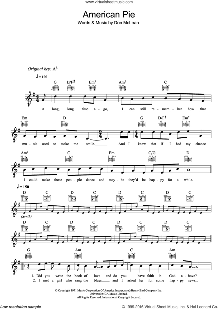 American Pie sheet music for voice and other instruments (fake book) by Don McLean and Madonna, intermediate skill level