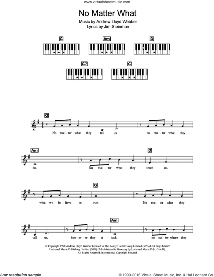 No Matter What (from Whistle Down The Wind) sheet music for piano solo (chords, lyrics, melody) by Boyzone, Andrew Lloyd Webber and Jim Steinman, intermediate piano (chords, lyrics, melody)
