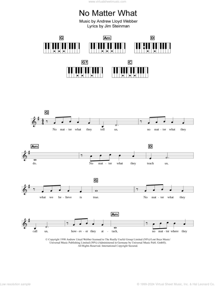 No Matter What (from Whistle Down The Wind) sheet music for piano solo (chords, lyrics, melody) by Boyzone, Andrew Lloyd Webber and Jim Steinman, intermediate piano (chords, lyrics, melody)