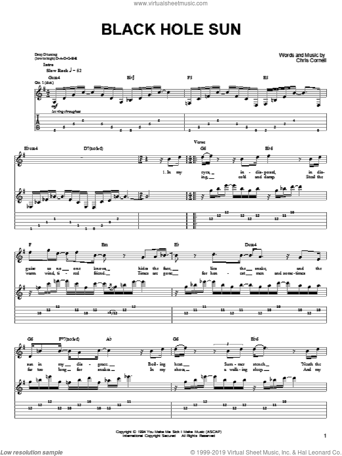 Black Hole Sun sheet music for guitar solo (easy tablature) by Soundgarden and Chris Cornell, easy guitar (easy tablature)