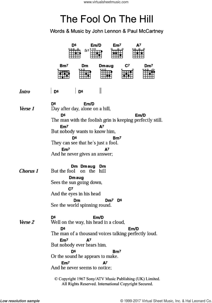 The Fool On The Hill sheet music for guitar (chords) by The Beatles, John Lennon and Paul McCartney, intermediate skill level