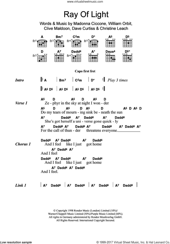 Ray Of Light sheet music for guitar (chords) by Madonna, Christine Leach, Clive Maldoon, Dave Curtiss and William Orbit, intermediate skill level