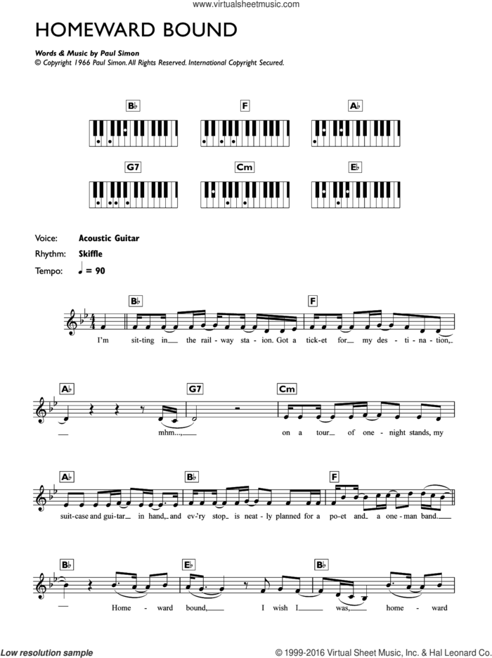 Homeward Bound sheet music for piano solo (chords, lyrics, melody) by Simon & Garfunkel and Paul Simon, intermediate piano (chords, lyrics, melody)