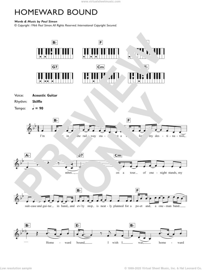 Homeward Bound sheet music for piano solo (chords, lyrics, melody) by Simon & Garfunkel and Paul Simon, intermediate piano (chords, lyrics, melody)