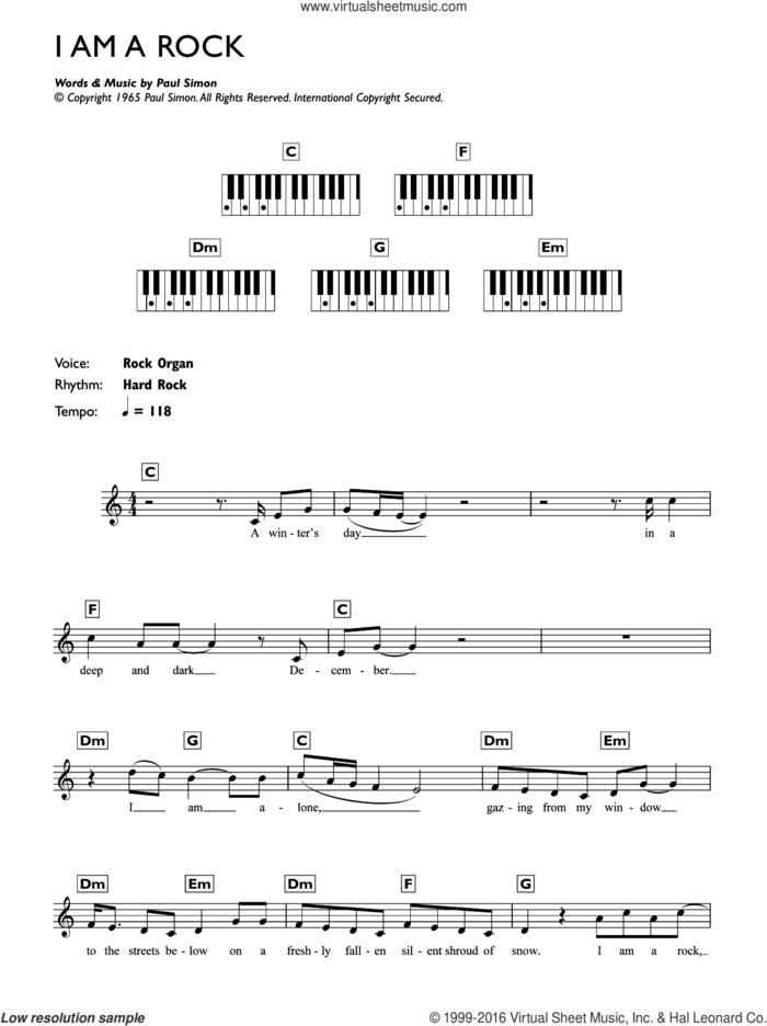 I Am A Rock sheet music for piano solo (chords, lyrics, melody) by Simon & Garfunkel and Paul Simon, intermediate piano (chords, lyrics, melody)