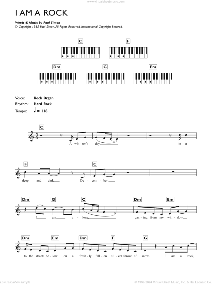 I Am A Rock sheet music for piano solo (chords, lyrics, melody) by Simon & Garfunkel and Paul Simon, intermediate piano (chords, lyrics, melody)