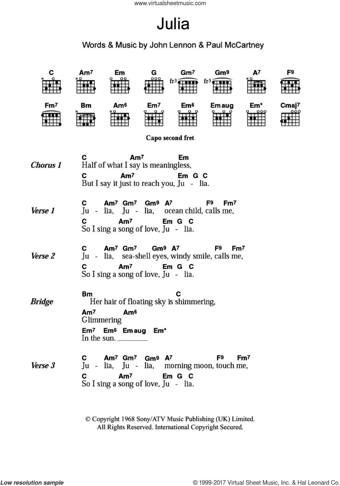 Julia sheet music for guitar (chords) by The Beatles, John Lennon and Paul McCartney, intermediate skill level