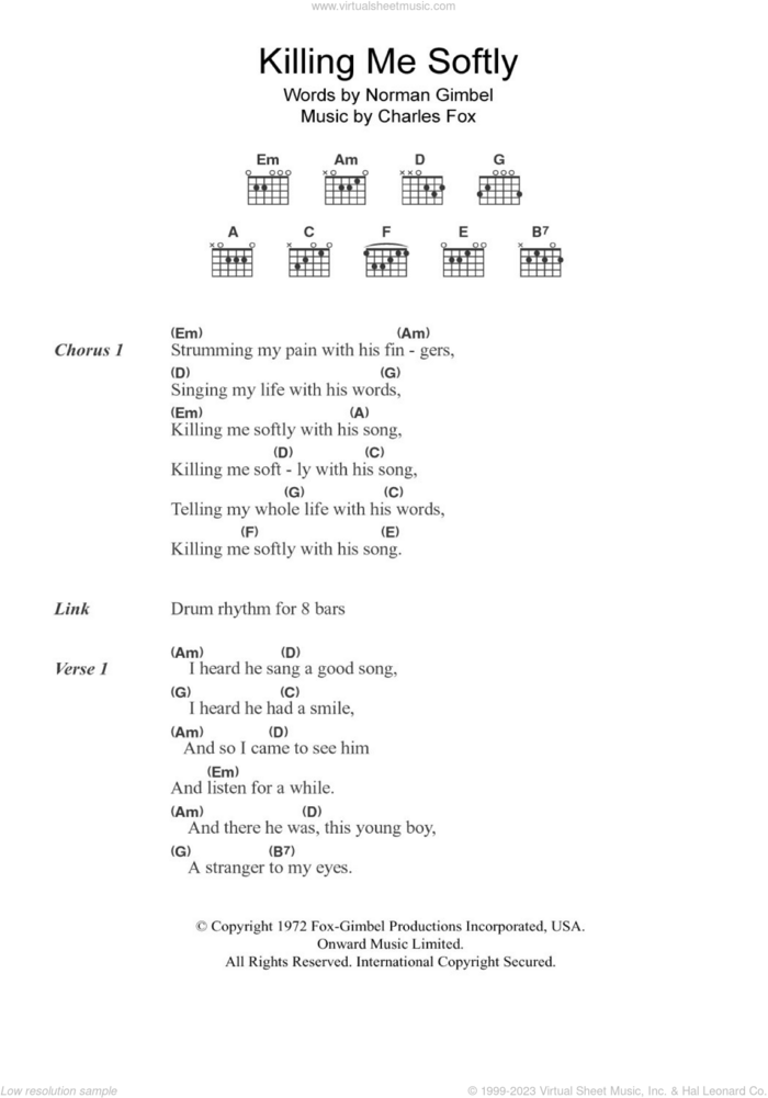 Killing Me Softly sheet music for guitar (chords) by Norman Gimbel, The Fugees and Charles Fox, intermediate skill level