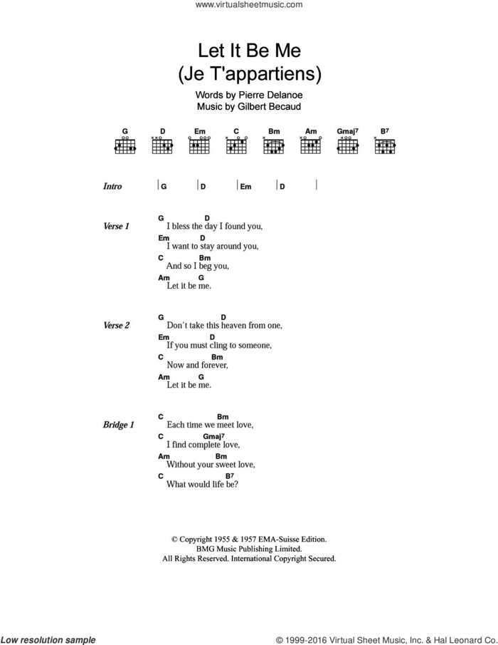 Let It Be Me (Je T'appartiens) sheet music for guitar (chords) by Elvis Presley, Gilbert Becaud and Pierre Delanoe, intermediate skill level