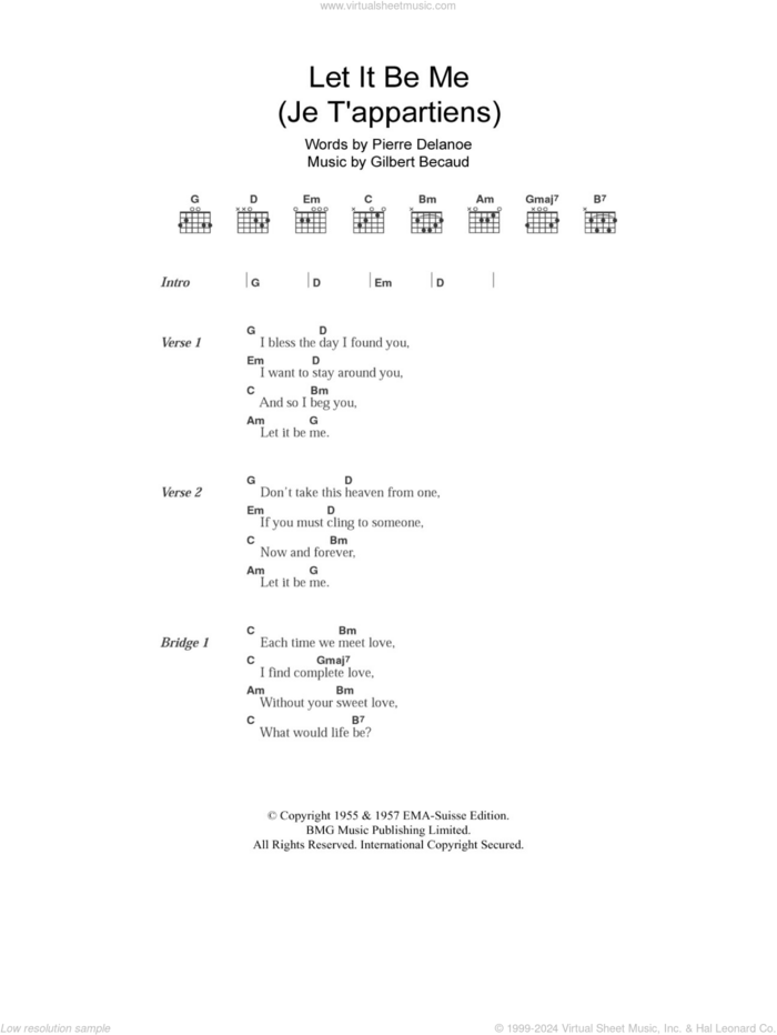 Let It Be Me (Je T'appartiens) sheet music for guitar (chords) by Elvis Presley, Gilbert Becaud and Pierre Delanoe, intermediate skill level