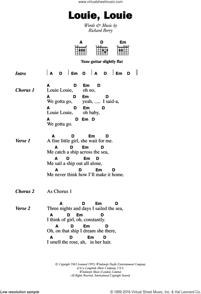 Louie, Louie sheet music for guitar (chords) by The Kingsmen and Richard Berry, intermediate skill level