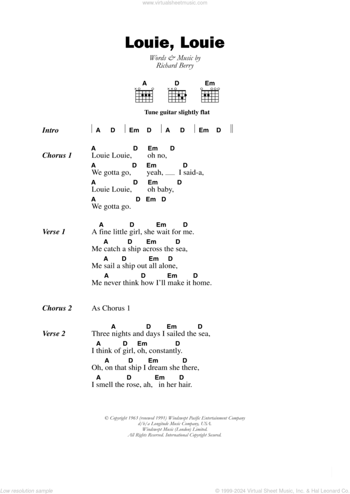 Louie, Louie sheet music for guitar (chords) by The Kingsmen and Richard Berry, intermediate skill level