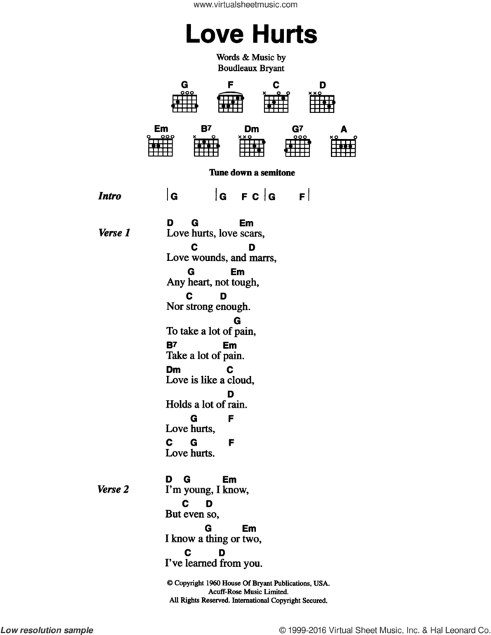 Love Hurts sheet music for guitar (chords) by The Everly Brothers, Nazareth and Boudleaux Bryant, intermediate skill level