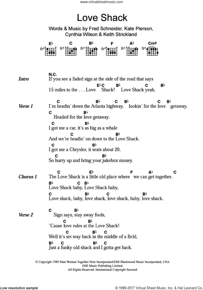 Love Shack sheet music for guitar (chords) by The B-52's, Cynthia Wilson, Fred Schneider, Kate Pierson and Keith Strickland, intermediate skill level