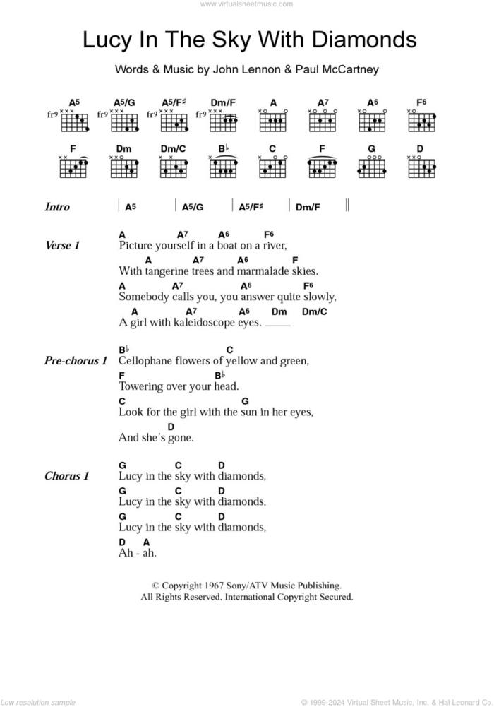 Lucy In The Sky With Diamonds sheet music for guitar (chords) by The Beatles, John Lennon and Paul McCartney, intermediate skill level