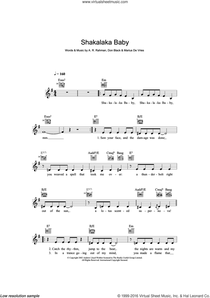 Shakalaka Baby (from Bombay Dreams) sheet music for voice and other instruments (fake book) by Don Black, Bombay Dreams, A.R. Rahman and Marius De Vries, intermediate skill level