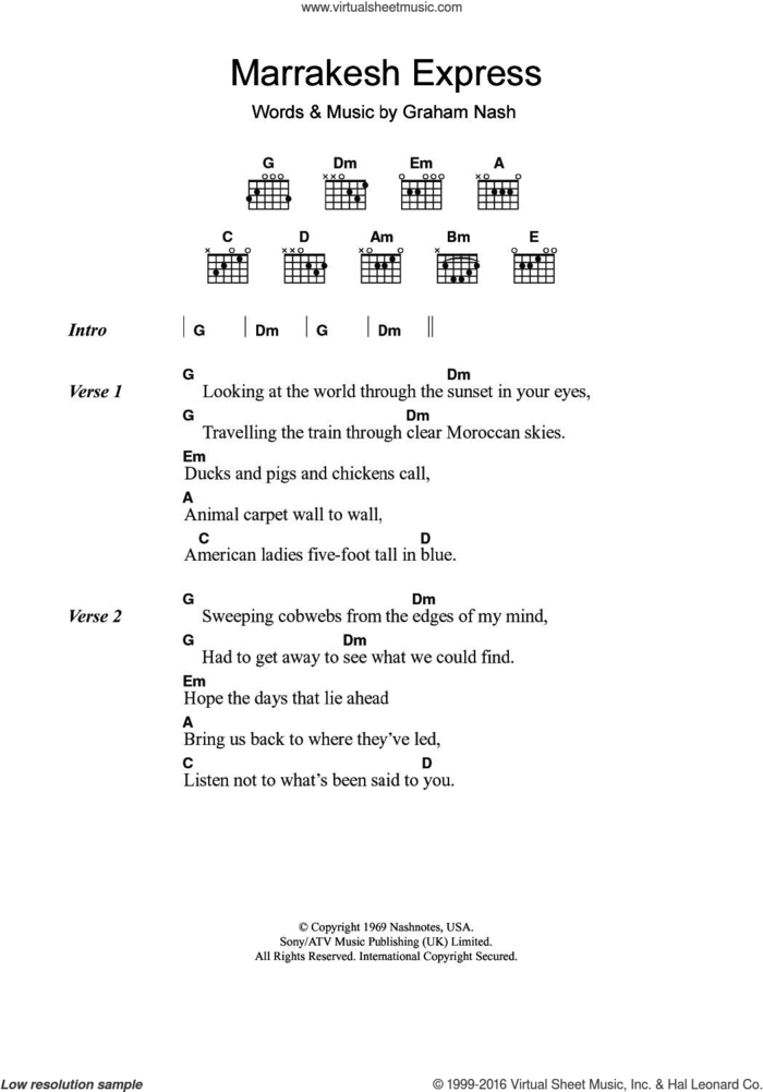 Marrakesh Express sheet music for guitar (chords) by Crosby, Stills & Nash and Graham Nash, intermediate skill level