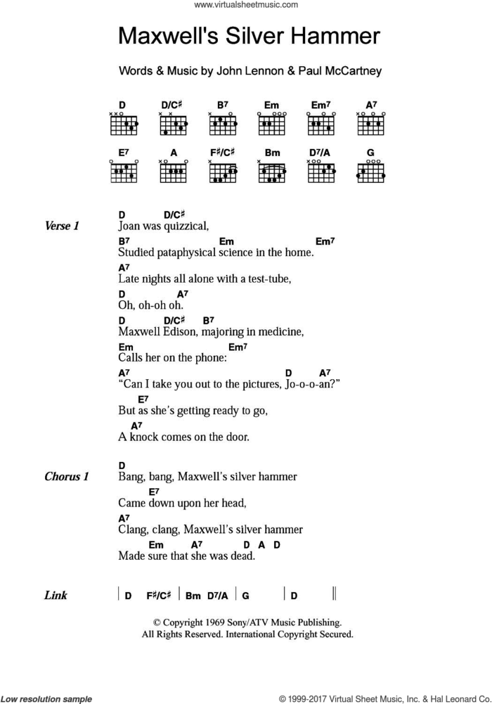 Maxwell's Silver Hammer sheet music for guitar (chords) by The Beatles, John Lennon and Paul McCartney, intermediate skill level