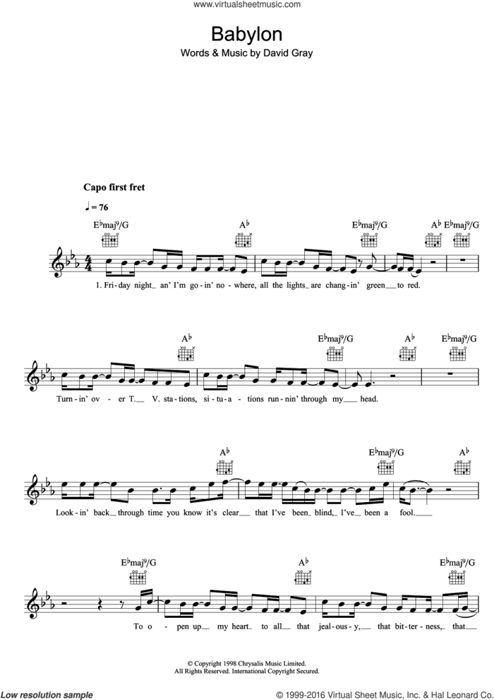 Babylon sheet music for voice and other instruments (fake book) by David Gray, intermediate skill level