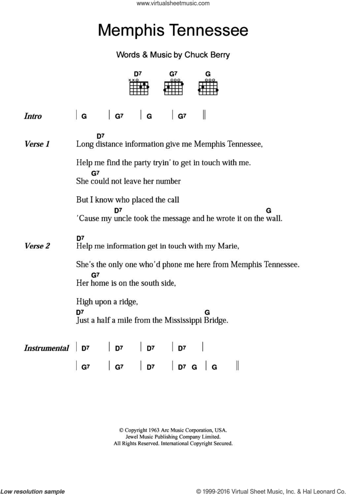 Memphis Tennessee sheet music for guitar (chords) by Chuck Berry, intermediate skill level