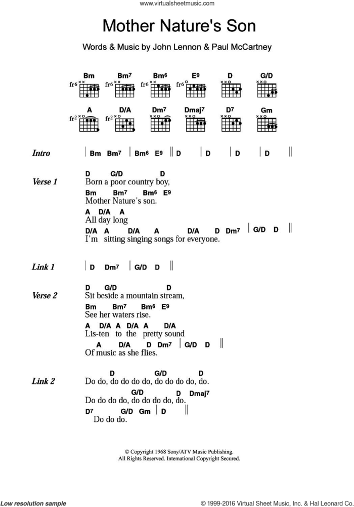 Mother Nature's Son sheet music for guitar (chords) by The Beatles, Paul McCartney and John Lennon, intermediate skill level