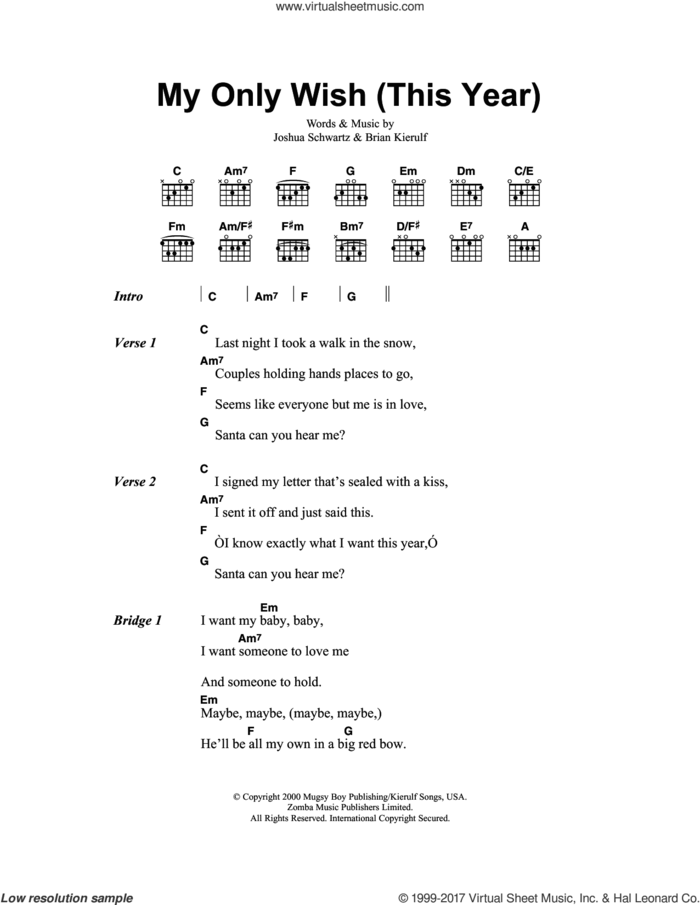 My Only Wish This Year sheet music for guitar (chords) by Britney Spears, Brian Kierulf and Joshua Schwartz, intermediate skill level