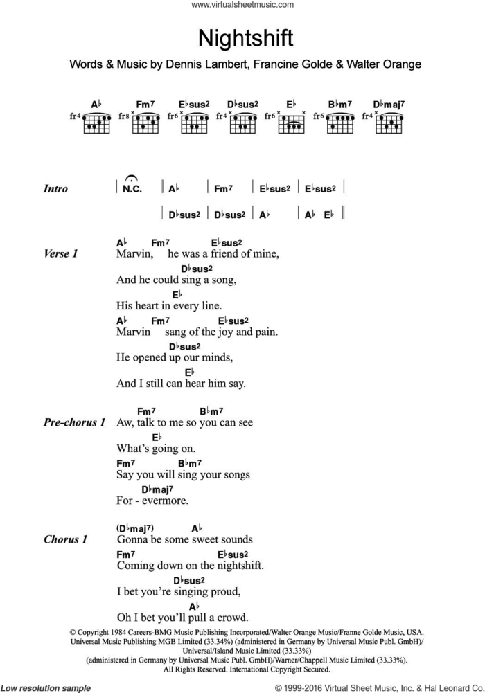 Nightshift sheet music for guitar (chords) by The Commodores, Dennis Lambert, Franne Golde and Walter Orange, intermediate skill level